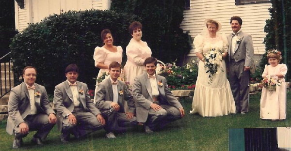 1992- Peter+Linda Bell wedding, FL-R Jim Miller,Nick,Dave Christenson,Eric, BL-R Jeanne OKeefe,Kim Eickmeyer,Linda+Peter,Amy E