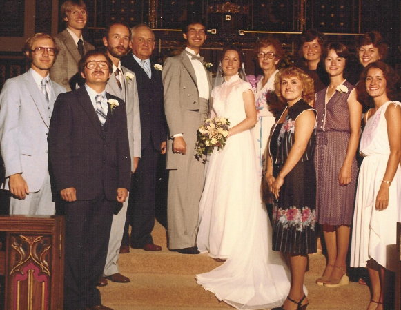 130 Wedding-Jane+Joe Heinrich, Aug 28, 1981- Bruce, Gary, Mike, John, Orrin, Joe, Jane, Charlotte, Sue, Lucy, Deb, Dort, Mary