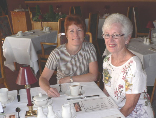 P1080713 Jane and Mary Ann at Auberge du Lac Pierre, Pointe du Lac