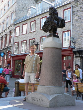 P1080768 Joe by statue of Louis XIV, Place Royale, lower town, Quebec