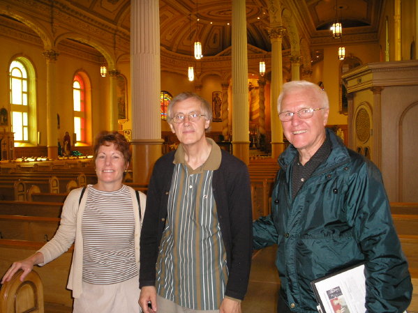 P1090109 Jane and Howard with man who showed us around, Church of St Pierre (St Peter), Sorel